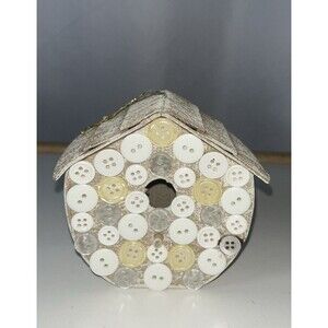 Vintage Handmade Rustic Button Covered Carton Birdhouse 4” Tall Ornament